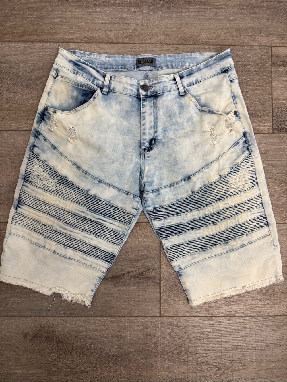 Black Label Light Blue Acid Wash Ribbed Denim Shorts